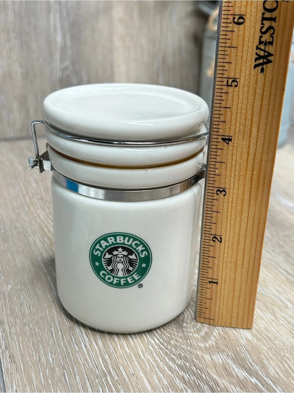 Starbucks White Ceramic Canister with Green Logo and Silver Clasp